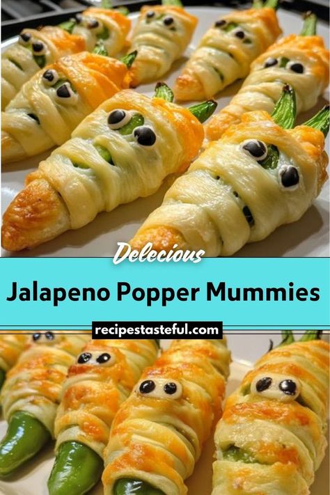 These spooky Jalapeno Popper Mummies are a Halloween favorite, combining spicy jalapenos with a creamy, cheesy filling and wrapped in golden crescent dough. Perfect as an appetizer for your Halloween party! Mummy Wrapped Jalapeno Poppers, Jalopena Poppers Mummy, Halloween Poppers, Halloween Appetizer, Mummy Recipes, Jalapeno Popper Recipes, Spicy Dipping Sauce, Poppers Recipe, Classic Appetizers