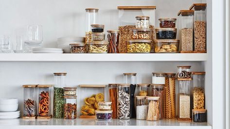 Storage Ideas for Every Type of Kitchen Large Glass Canisters, Acrylic Containers, Modern Presentation, Glass Storage Containers, Dark Wood Stain, Clear Container, Round Storage, Glass Canisters, Galley Kitchen