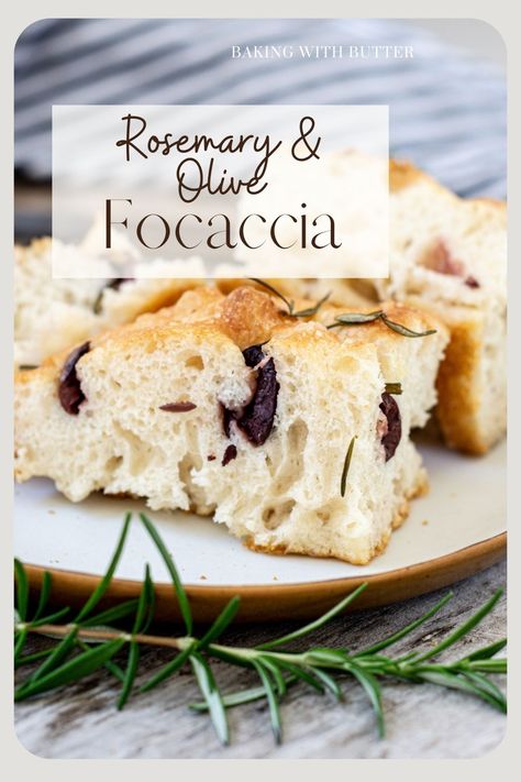 a piece of focaccia on a white plate with rosemary in the foreground. Kalamata Olive Foccacia Bread, Foccacia Bread No Mixer, Light Airy Bread Recipe, Olive Rosemary Bread, Rosemary Olive Bread, Fluffy Focaccia Bread Recipe, Fluffy Foccacia, Olive Foccacia Bread, Foccacia Bread Recipes