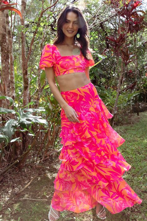 Addison Maxi Skirt - Pink Tropics - Petal & Pup High Waisted Maxi Skirt, Tiered Ruffle Skirt, Resort Dresses, Exclusive Clothing, Floral Dresses Long, Pink Floral Print, Strapless Tops, Dresses By Length, Long Sleeve Floral Dress