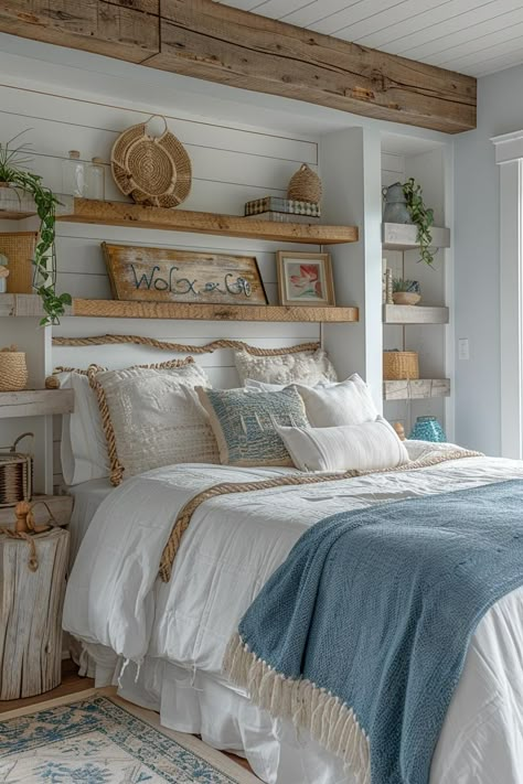 21 Modern Coastal Bedroom Ideas for a Relaxing Retreat 17 Light Blue Cottage Bedroom, Coastal Bedroom Ideas, Lake House Bedroom Ideas, Ocean Inspired Bedroom, Modern Coastal Bedroom Ideas, Modern Coastal Bedroom, Costal Bedroom, Blue Dorm, House Bedroom Ideas