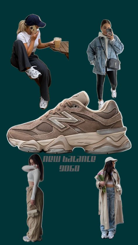 4 women one in each corner of the screen wearing casual outfits all spring the New balance 9060 sneaker with the shoe at large in the middle and the words New Balance 9060 the background is a dark green and the letters are gray New Balance 9060 Women, 9060 Outfit, New Balance 9060 Outfit, New Balance 9060, New Balance Outfit, Trendy Shoes Sneakers, Fall Fits, Cute Everyday Outfits, New Balance Shoes