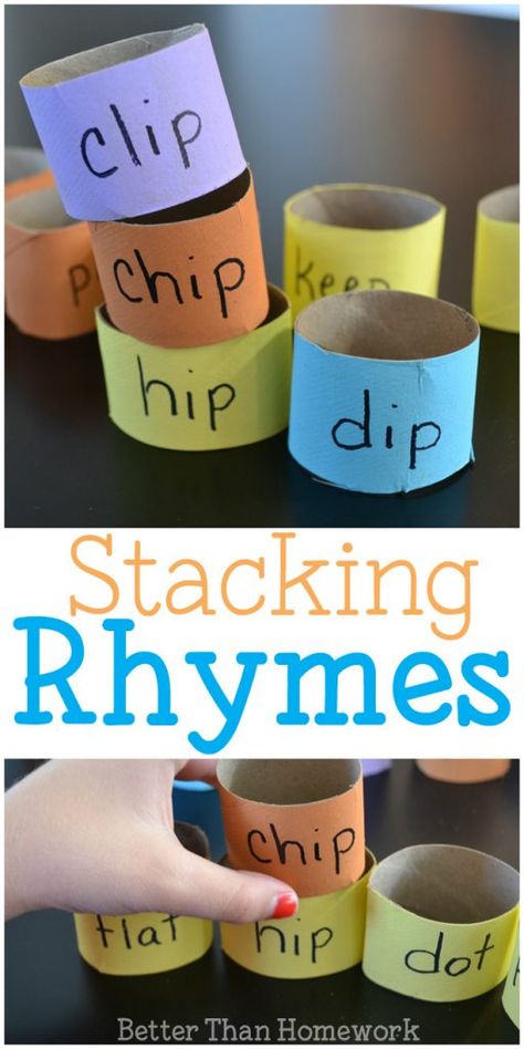 Stacking Rhyming Words - Creative Family Fun Reading Games For Kindergarten, Reading Games For Kids, Rhyming Games, Rhyming Activities, Elementary Learning, Literacy Games, Kindergarten Games, Phonics Games, Reading Games