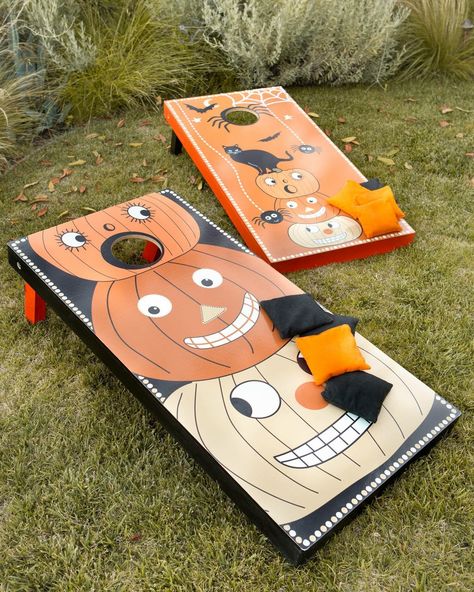 Fall Cornhole Boards, Halloween Lawn Games, Halloween Corn Hole, Halloween Festival Games, Fall Festival Games For Church, Fall Fest Games, Halloween Cornhole, Pumpkin Graveyard, Fall Carnival Games