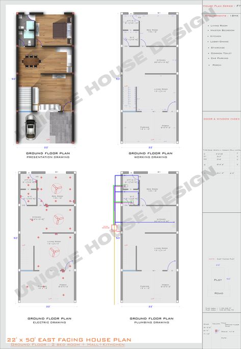 22'x50' house plan 22x50 House Plan, East Facing House Plan, Architecture Drawing Plan, Architectural House Plans, Bedroom Floor Plans, Unique House Design, Bedroom Floor, Plan Drawing, Unique Houses