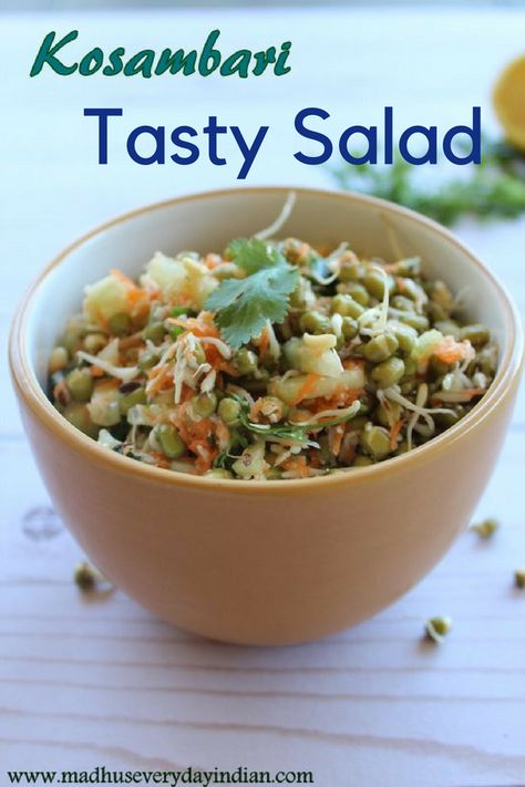 kosambari recipe,kosambari salad, indian salad, karnataka style kosambari, moong dal salad, healthy Indian salad, moong dal, carrot and cucumber salad, kosumbari, sprouts salad, green gram kosumbari, sprouts, #kosambari #kosambarisalad #indiansalad #karanatakasalad Kosambari Recipe, Moong Dal Salad, Indian Salad Recipes, Senegalese Recipe, Salad Indian, Karnataka Recipes, Indian Salad, Bean Sprout Recipes, Indian Salads