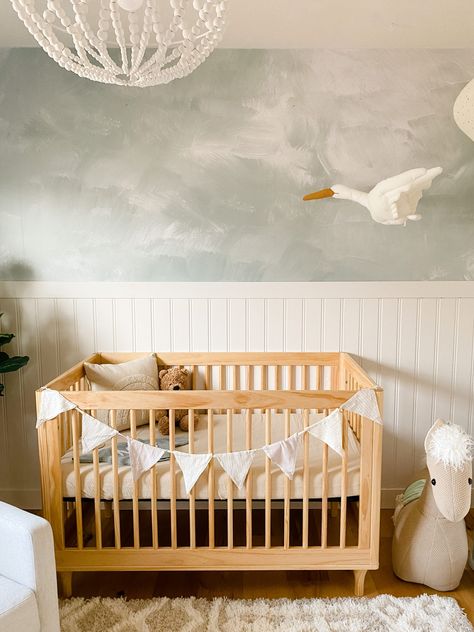 Half Wallpaper Nursery Wall, It Was All A Dream Nursery, Half Wallpaper Nursery, Limewash Baby Nursery, Half Wallpaper Half Paneling Nursery, Gender Neutral Nursery Mural, Baby Boy Room Wallpaper, Baby Boy Wallpaper Nursery, Whimsical Nursery Theme