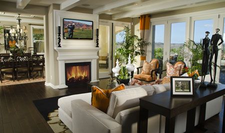 Toll Brothers - So Warm and Inviting Living Room Decor Tv, Tv Above Fireplace, Fireplace And Tv, Fireplaces Layout, Classic Fireplace, Narrow Living Room, Dining Room Contemporary, Small Room Design, Modern Fireplace