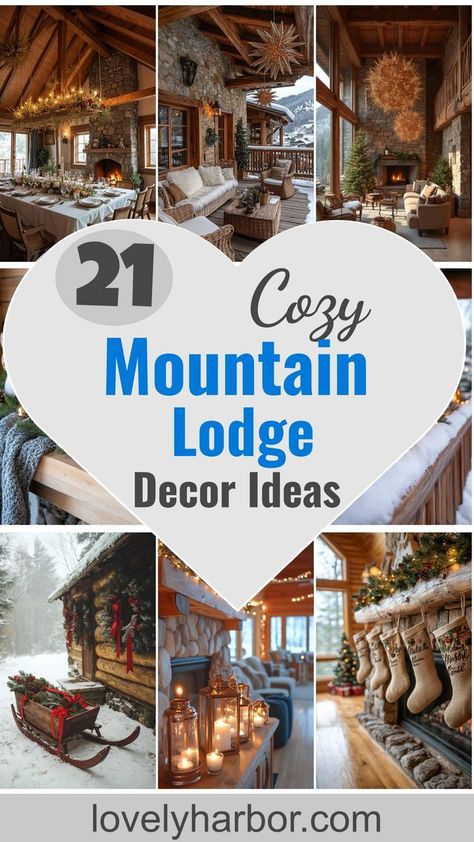 Holiday Cabin Ideas, Woodland Interior Decor, Ski Lodge Decor Mountain Houses, Lodge Style Christmas Decor, Ski Lodge Christmas Decor Ideas, Ski Resort Christmas Decor, Scottish Lodge Decor, Mountain Lodge Christmas Decor, Adirondack Decor Interiors