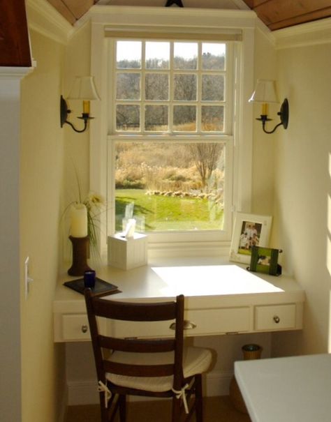 I want an area where we can have a desk overlooking the windows that are hopefully looking to the mountains Desk In The Middle Of The Bedroom, Interior Dormer Window Ideas, Desk Nook In Bedroom Window, Dormer Window Office, Study Nook With Window, Dormer Alcove Ideas, Cape Cod Window Nook, Office With Dormer Window, Ideas For Dormer Window Space