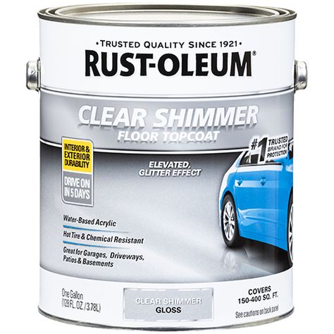 RUST-OLEUM® CLEAR SHIMMER FLOOR TOPCOAT is a ready-to-use clear protective coating with a decorative shimmer effect for use on garages, carports, driveways, basements, porches, patios, walkways and pool decks. It is designed for use over bare concrete or over one-part floor paints such as RUST-OLEUM® Concrete & Garage Floor Paint to add a protective, shimmer finish that resists damage from hot tires, motor oil, grease and gasoline. The durable, UV & weather resistant gloss finish is easy to main Best Concrete Paint, Epoxy Concrete Floor, Garage Floor Finishes, Fancy Farm, Driveway Repair, Concrete Garage, Concrete Epoxy, Garage Floor Paint, Painted Concrete Floors