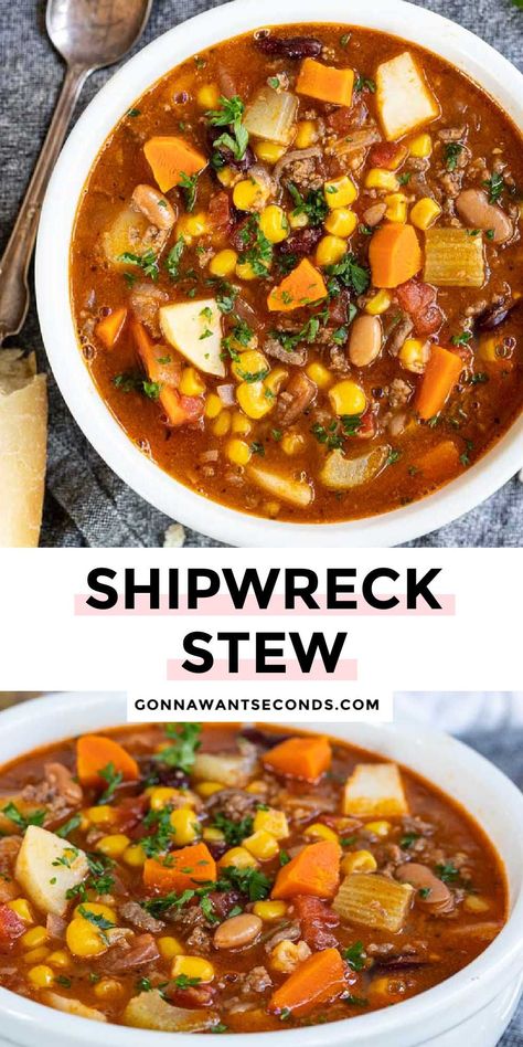 *NEW* This vintage Shipwreck Stew is a super easy, comforting, ground beef stew your whole family will love! It's nutrition packed while still being delicious! #stew #shipwreckstew Shipwreck Stew, Ground Beef Stew, Crockpot Soup Recipes, Fall Dinner Recipes, Soup And Stew, Hot Soup, Beef Recipes For Dinner, Soup And Sandwich, Beef Dinner