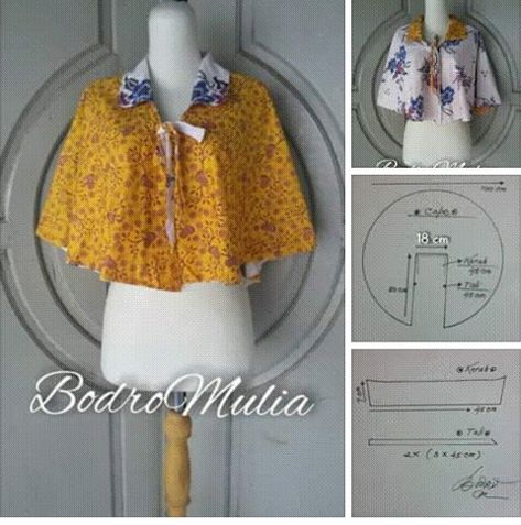 cape batik bolak balik Pola Cape Brokat, Pola Cape, Blouse Pattern Free, Asian Style Dress, T Shirt Sewing Pattern, Cape Pattern, Burmese Clothing, Sewing Tutorials Clothes, Pattern Sewing