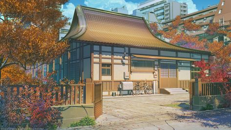 anime-landscape-traditional-building-scenic-bicycle-fence-trees-house-anime Traditional Japanese House Anime, Japanese Mansion, Old Japanese House, Anime Houses, Anime Landscape, Anime House, Traditional Japanese House, Anime Places, Scenery Background