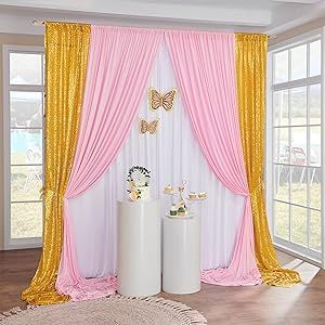 10x10ft Pink Backdrop Curtains 10x10ft White Backdrop Curtains and 10x4ft Gold Sequin Backdrop Curtains for Princess Girl Birthday Party Home Decoration, 6 Panels Diy Princess Backdrop Ideas, Gold Sequin Backdrop, Pink Photo Backdrop, Princess Backdrops, Princess Birthday Decorations, Birthday Party Home, Photobooth Backdrop, Gold Birthday Decorations, Backdrop Curtains