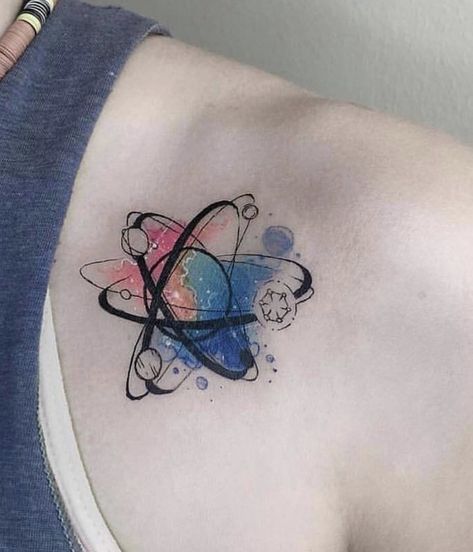 Atom Tattoo, Watercolor Galaxy Tattoo, Font Tato, Science Tattoo, Science Tattoos, Molecule Tattoo, Tattoo Diy, Tattoo Watercolor, M Tattoos