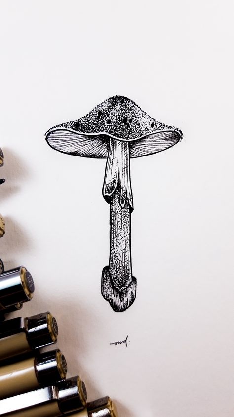 Mushroom Dotwork, Mushroom Dot Art, Mushroom Illustration Trippy, Mushroom Pen Drawing, Pointism Art, Sketchbook Mushroom, Dot Art Tattoo, Dotwork Drawing, Minimal Sketch