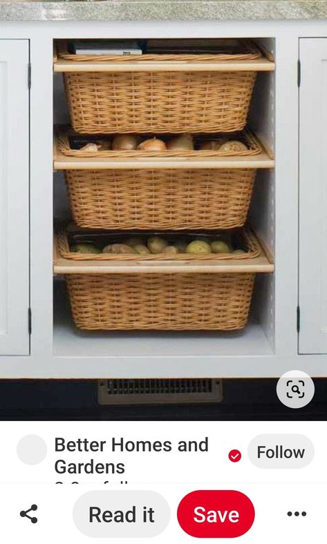 Kitchen Baskets Drawers, Vegetable Baskets For Kitchen, Wicker Basket Kitchen, Kitchen Unit Designs, Vegetable Drawer, House Interior Design Styles, Kitchen Sink Design, Kitchen Cupboard Designs, Interior Design Your Home