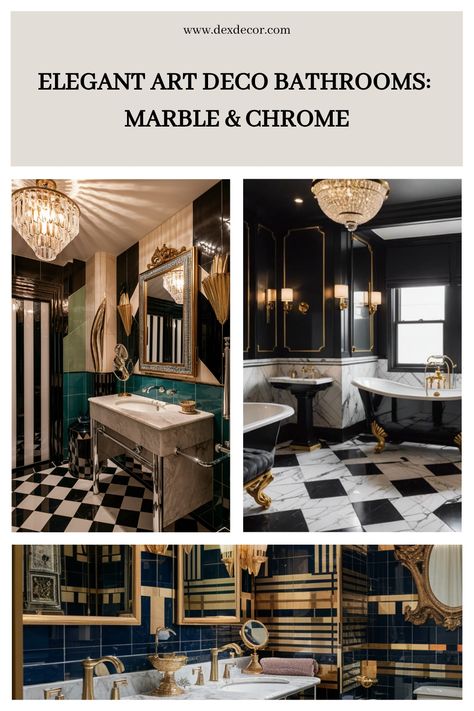 Art Deco bathrooms with marble and chrome, featuring chandeliers and geometric patterns. Gatsby Bathroom, Art Deco Bathroom Decor, Ensuite Bathroom Designs, Art Deco Bathrooms, Modern Bedroom Colors, Geometric Tile Pattern, Sophisticated Bathroom, Elegant Lighting Fixtures, Art Deco Bathroom