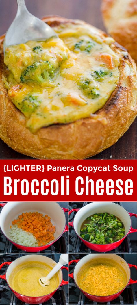 Broccoli Cheese Soup served in a bread bowl is the ultimate comfort food. This is our version of Panera Broccoli and Cheese Soup but it's lighter, loaded with fresh broccoli and cheddar cheese. This soup recipe is so easy and so delicious! Broccoli Cheese Bread Bowl, Cheddar Broccoli Bread Bowl, Healthy Panera Broccoli And Cheese Soup, Breadbowl Soup Recipes, Broccoli Cheese Soup Bread Bowl, Vegan Bread Bowl Soup, Bread Bowls And Soup, Bread Bowl Dinner Ideas, Broccoli Cheddar Soup Bread Bowl