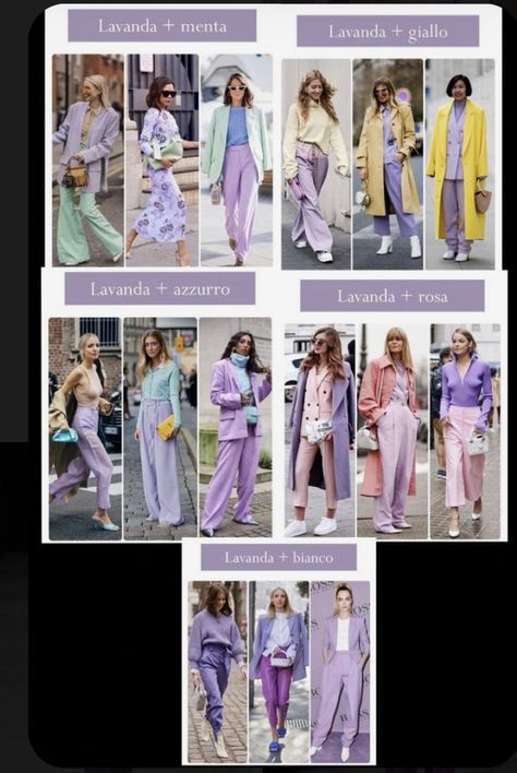 Lavender Color Blocking Outfit, Lavender Outfit Summer, Combination With Lavender Color, Lavender Color Combinations Outfit, Lavender Trousers Outfit, Pastel Color Outfit Casual, Pink And Lavender Outfit, Lilac Outfit Ideas Color Combos, Lavender Colour Combination