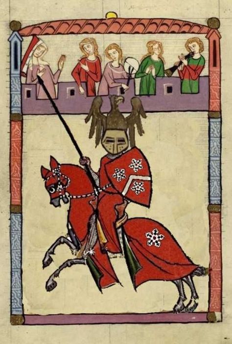 Codex Manesse The Red Knight, Codex Manesse, Medieval Horse, Bicycle Tattoo, Medieval Drawings, Medieval Artwork, Medieval Furniture, Red Knight, Illustrated Manuscript