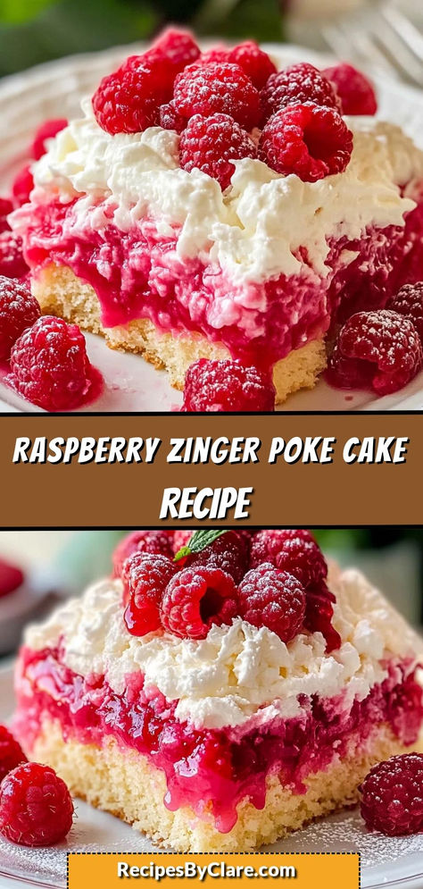 Treat yourself to this Delightful Raspberry Zinger Poke Cake! Sweet, tangy raspberry preserves soak into a moist cake, topped with rich whipped cream and fresh raspberries.

Ingredients:

1 box white cake mix
¼ cup powdered sugar
1 cup raspberry preserves
Mint leaves (optional, for garnish)
This cake offers a perfect balance of sweet and tangy flavors, making it an irresistible dessert! Zinger Cake Raspberry, Lemon Cake With Raspberry Frosting, Raspberry Bundt Cake Recipes, Raspberry Zinger Poke Cake, Raspberry Zinger Cake, Zinger Poke Cake, Fresh Raspberry Desserts, Jello Poke Cake Recipe, Raspberry Poke Cake