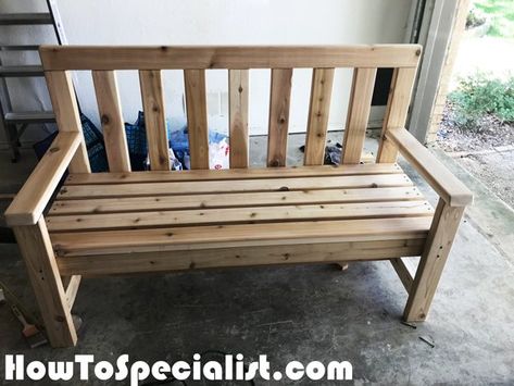 Wood Bench With Back, Outdoor Bench Plans, Garden Bench Plans, Wood Bench Outdoor, Diy Wood Bench, Pocket Holes, Garden Bench Diy, Outdoor Garden Bench, Diy Bench Outdoor