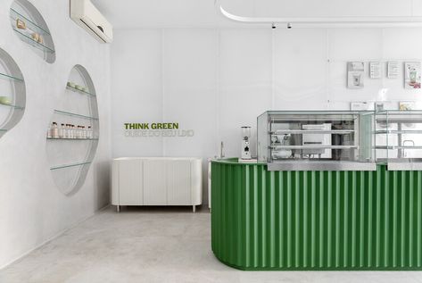 Matcha Coffee Shop, Matcha Bar, Matcha Bars, Matcha Coffee, Matcha Cafe, Coffee Shop Bar, Bakery Design, Norm Architects, Divider Wall