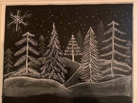 Winter Chalk Drawings, Tree Chalk Art, Winter Chalkboard Art Ideas, Christmas Tree Chalkboard Art, Winter Blackboard Ideas, Winter Chalk Art, Snowglobe Chalkboard Art, Chalk Pen Window Art Christmas Houses, Chalk Pen Window Art Christmas Simple