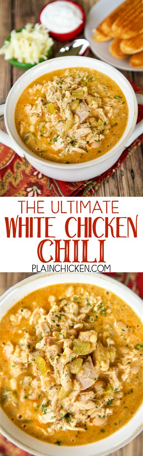 The Ultimate White Chicken Chili - the BEST of the BEST White Chicken Chilis! SO good and ready to eat in under 20 minutes! Rotisserie chicken, white beans, corn, green chilies, chicken broth, onion, garlic, cumin, chili powder, half-and-half, pepper jack cheese. Top with some sour cream and extra cheese. Makes a ton. Freeze leftovers for a quick meal later. Freeze Leftovers, Chicken Chilli, White Chicken Chili Recipe, White Chili, Chicken Chili Recipe, White Chicken Chili, Buffalo Sauce, White Chicken, Think Food