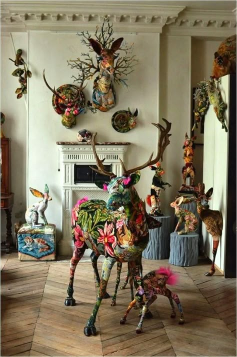 Deer Heads, Modern Resume Design, Deer Statues, Frida Art, Antler Art, Taxidermy Art, Textile Sculpture, Faux Taxidermy, Artist House