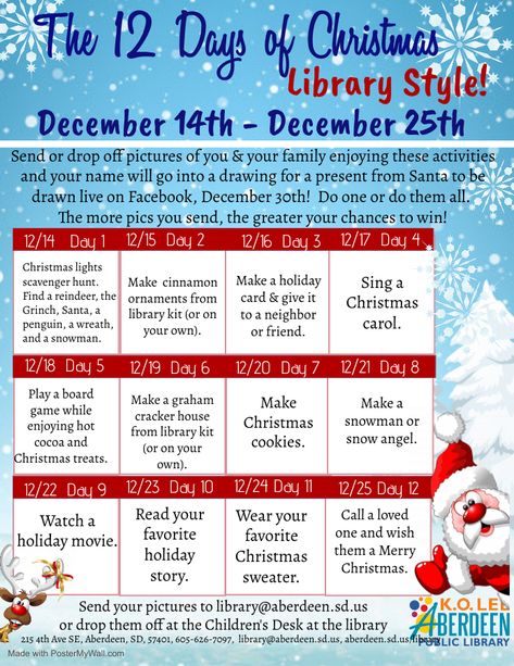 Do one, or do all 12 activities!  Send the library pictures of you and your family enjoying the activities and your name will go into a prize drawing. Drawing will be live on Facebook, December 30th. #aberdeensdlibrary #12daysofchristmas Christmas Library Activities, Library Lesson Plans, Library Pictures, Library Activities, Library Lessons, Drawing Drawing, Book Ideas, Library Books, Aberdeen