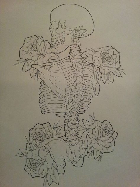 Skeleton And Flowers Drawing, Skeleton Tattoo Outline, Skeleton Laying Down Drawing, Pretty Skeleton Tattoo, Skeleton Love Drawing, Skeleton Tattoo Stencil, Skeleton Body Tattoo, Skeleton Drawing Ideas, Skeleton With Flowers Tattoo