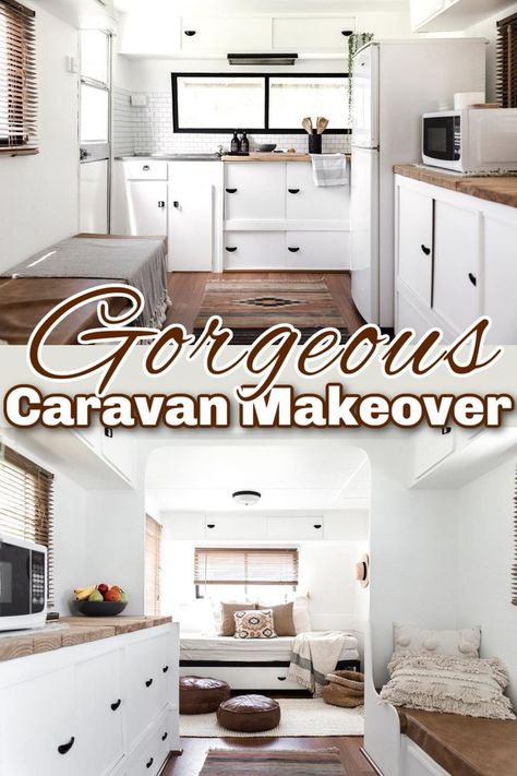 Two interior photo of a renovated caravan showing the kitchen area with white and wooden decor, and text overlay that reads: Gorgeous caravan makeover.