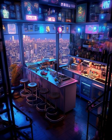 A Cyberpunk kitchen inside a high-rise apartment has a fantastic view of the city. This is an AI artwork designed with Midjourney. Cyberpunk Style Apartment, Futuristic Apartment Exterior, Cozy Cyberpunk Apartment, Cyberpunk Apartment Aesthetic, Cyberpunk Cafe Interior, Cyberpunk Apartment Concept Art, Cyberpunk 2077 Apartment, Cyberpunk Apartment Interior Design, Cyberpunk Bathroom