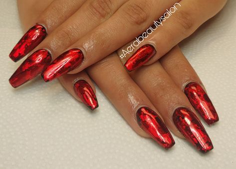 Sculpted acrylic nails. With red foils. #aerabeautysalon #rednails #redandblack #acrylicnails #nailart Red Foil Nails Designs, Red Holographic Nails, Red Foil Nails, Red Metallic Nails, Acrylic Nails With Red, Holiday Nails Red, Red Foils, Red Gel Polish, Bio Sculpture Gel Nails