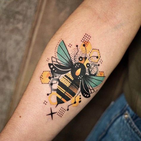 Honeycomb Tattoo On Neck, Bee With Pollen Tattoo, Sun Bee Tattoo, Mechanical Bee Tattoo, Honey Bee Tattoo Ideas Unique, Bee Hexagon Tattoo, Abstract Bee Tattoo, Bee And Hive Tattoo, Bee Neck Tattoo