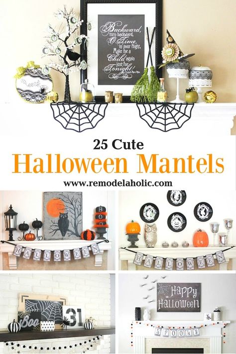 DIY Halloween Decoration Ideas for Mantels and Shelves | A little bit cute, a little bit creepy, and a whole lot of Halloween decoration ideas for a mantel, shelf, or console table. #remodelaholic Indoor Decorating Ideas, Halloween Shelf Decor, Halloween Mantels, Halloween Shelf, Halloween Decoration Ideas, Easy Diy Halloween Decorations, Halloween Mantle, Halloween Mantel, Farmhouse Halloween