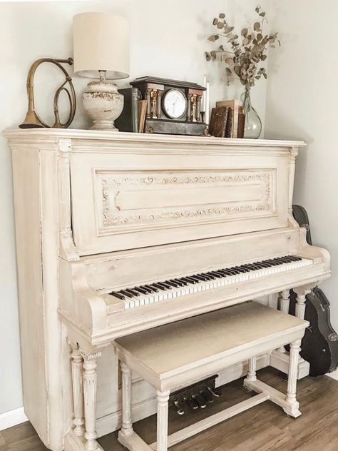 How to Give Your Space a French Vintage Makeover According to a Home Blogger | HGTV Creamy Color Palette, French Vintage Home, Piano Room Decor, Cottage Fairytale, Townhome Decorating, Vintage Makeover, Painted Pianos, Home Music Rooms, Piano Decor