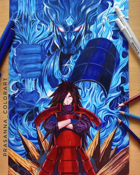 Madara Uchiha Madara Uchiha Drawing Color, Anime Drawing Painting, Madara Uchiha Sketch Pencil, A3 Size Drawings, Anime Sketch Colored, Anime Drawing Coloured, Anime Pen Art, Madara Uchiha Sketch, Colour Pen Drawing