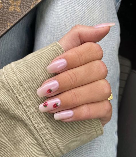 Strawberry Nail Art, Strawberry Nails, Waterslide Nail Decals, Minimal Nails, Classic Nails, Nagel Inspo, Short Acrylic Nails Designs, Pink Nail, Neutral Nails