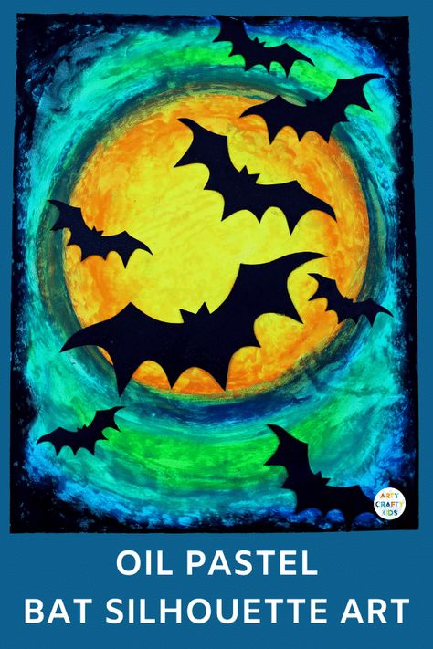 Create gorgeous Oil Pastel Bat Silhouette Art with the kids this Halloween. An easy Halloween art project for kids that exploring blending colours. This project comes with a free printable bat template #halloween #easyart #artforkids #teacherresources #artforkids #kidsart Halloween Art Lessons, Bat Template, Spooky Halloween Crafts, Imprimibles Halloween, Halloween Art Projects, Bat Silhouette, Art Project For Kids, Halloween Kunst, Bat Art