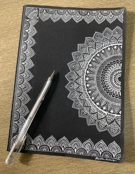 Mandala Drawing Black And White, White On Black Mandala, Mandala In Black Background, Mandala Art On Book Cover, Mandala Art Black Paper, Mandala Project Cover Page, Mandala Art On Black Sheet, White On Black Doodles, Mandala Art Border Design For Project