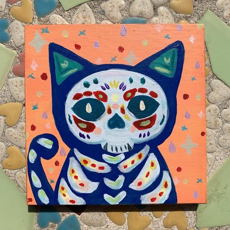 Mexican Paintings Ideas On Canvas, Alebrije Painting, Cat Painting Simple, Easy Cat Painting, Mexican Paintings Ideas, Cat Painting Acrylic, Square Canvas Painting, Mexico Painting, Square Canvas Art