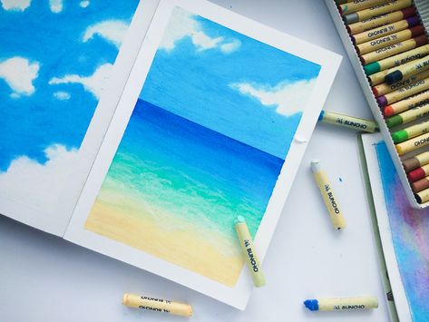 I draw ocean painting with blue sky at the beach using oil pastel. The tutorial available here👇 https://www.youtube.com/channel/UCoICP4s_TBchnpiFO8WiiSQ Oil Pastel Drawings Beach, Oil Pastel Ocean Easy, Beach Sky Painting, Oil Pastel Ocean Drawings, Oil Pastel Ocean, Oil Pastel Landscape Easy, Beach Oil Pastel, Draw Ocean, Season Painting