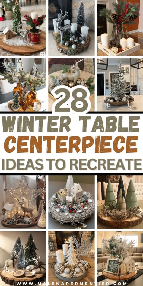 Winter Forest Centerpiece, Winter Dinning Room Table Decorations, January Centerpiece Ideas, Soup Soiree, Christmas Tree Centerpieces For Table, Center Table Christmas Decor, Christmas Centerpieces For Round Tables, December Wedding Centerpieces, Small Christmas Village Display