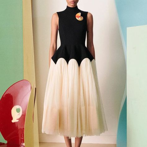 Tory Burch Colorblock Tulle Dress as seen on Meghan Markle Embroidered Wrap Dress Black Tory Burch, Tory Burch Dress 2022, Moodboard Images, Tory Burch Embroidered Guipure Dress, Resort 2023, Couture Mode, 2023 Collection, Two Piece Dress, Ladies Dress Design