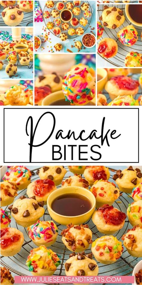 Muffin Tin Pancake Bites, Pancakes In Mini Muffin Tin, Pancake Bites Muffin Tins, Muffin Tin Pancakes, Brunch For Kids, Pancake Bites Recipe, Shareable Desserts, Cinnamon Roll Waffles, Mini Breakfast