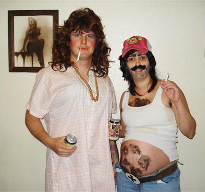 Beer-belly Bum: Try a little gender-bending with your significant other by throwing on his undershirt and jeans, a trucker cap and the facial hair of your choosing. Koolaid Man Pregnant Costume, Hilarious Pregnant Halloween Costumes, Bump Halloween Costume, White Trash Pregnant Costume, White Trash Halloween Costume, Pregnant Costume Ideas, Funny Pregnant Halloween Costumes, White Trash Costume, Maternity Costumes